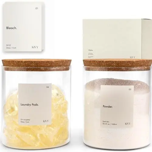 Produktbild: KIVY Waschmittelbox Glas mit Etiketten (2x 2000ml) Pods & Waschpulver Aufbewahrung Glas - Waschpulver Behälter für Waschpulver Aufbewahrungsbox Waschküche - Waschmittel Spender Waschraum Organizer