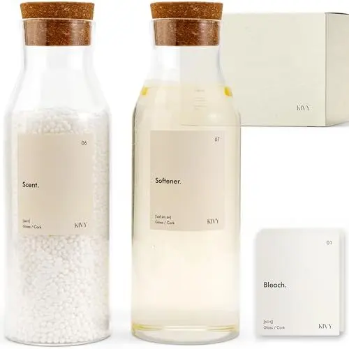 Produktbild: KIVY Waschmittelspender Glas mit Etiketten (2X 1200ml) Weichspüler Aufbewahrung Waschmittel Aufbewahrung Flüssig - Behälter für Waschpulver Aufbewahrungsbox Organizer - Flüssigwaschmittel Spender