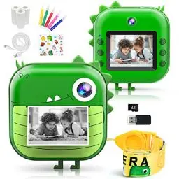 Produktbild: Kizeefun Sofortbildkamera Kinder, Dinosaurier Kamera Kinder 1080P-HD, Schwarzweiß-Fotografie, 32GB Speicherkarte, 3 Rollen Druckpapier, 5 Farb-Pinselstiften, Geschenk für Jungen Mädchen