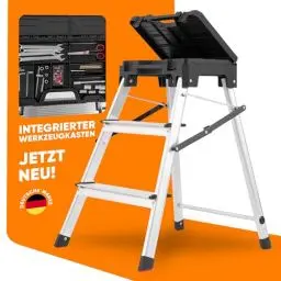 Produktbild: KIZO Trittleiter 3 Stufen klappbar - Haushaltsleiter – 2-IN-1 Leiter mit Werkzeugkasten - Klappleiter faltbar, Klapptritt, 3-stufig, Aluleiter, Step Ladder