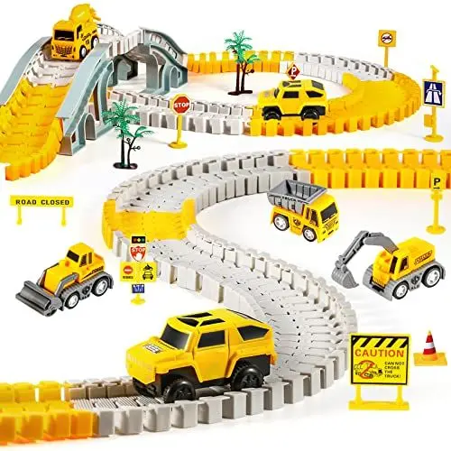 Produktbild: Kizplays 260pcs Autorennbahn Rennbahn 6 Cars Bagger Spielzeug ab Spielzeugautos Autobahn ab 3 4 5 6 Jahre Junge Mädchen,Flexible Track Kran Spiele, Elektroauto Cars Autorennbahn für Kinder Geschenk