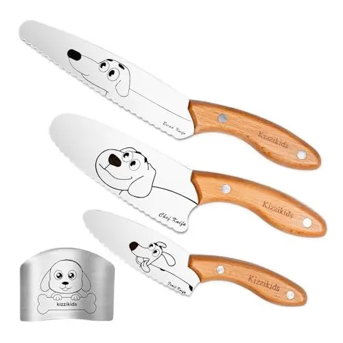 Produktbild: Kizzikids Kindermesser 4 teiliges Kinder Sicherheit Küchenmesser Set, Edelstahlklinge, Wellenschliff, Holzgriff, zum Schneiden Kochen von Obst oder Gemüse, Kinder Messer für ab 3 jahre