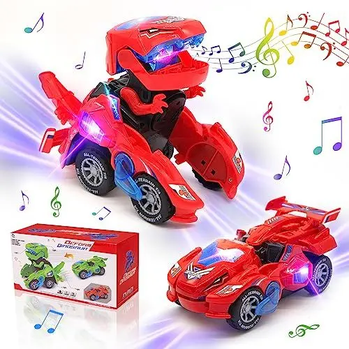 Produktbild: KJIXYUNG Verwandeltes Dinosaurier-Spielzeugauto, elektrisches ferngesteuertes Auto, kabelloses ferngesteuertes Auto mit Musik, (rot)