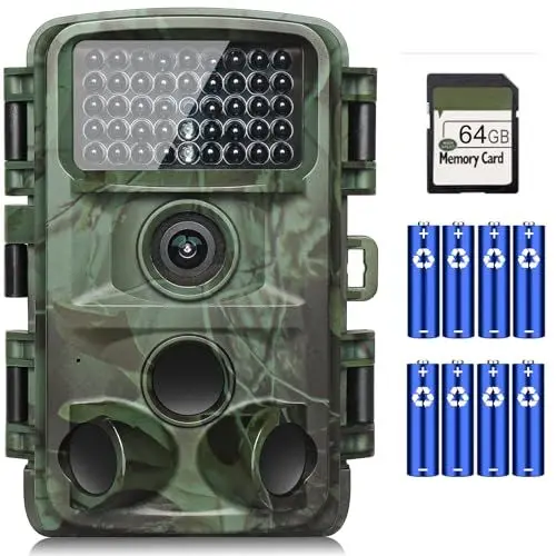 Produktbild: KJK Wildkamera 4K 64MP mit 64GB Speicherkarte, Wildtierkamera mit Nachtsicht, 0.05s Auslöser Bewegungsaktiviert, IP67 Wasserdicht 130° Weitwinkel 45 Stücks Infrarot-LEDs ohne Glühen Wildkamera