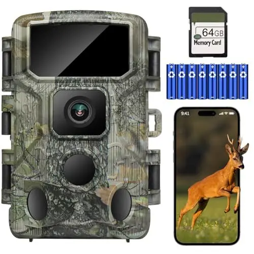 Produktbild: KJK Wildkamera WLAN 4K 64MP mit 64GB Speicherkarte, Wildtierkamera mit Nachtsicht, 0.05s Auslöser Bewegungsaktiviert, IP67 Wasserdicht 100ft 130° Weitwinkel 45 Stücks Infrarot-LEDs ohne Glühen