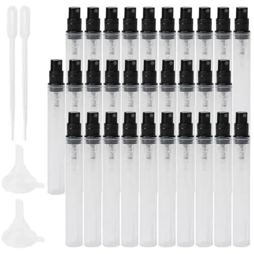 Produktbild: KJLEEN 30 Stück 5ml Parfüm Abfüller Parfümzerstäuber Nachfüllbar Mini Sprühflasche Parfum Zerstäuber Für Unterwegs+ 2 Mini Trichter + 2 Pipette