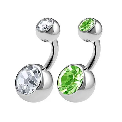 Produktbild: KJM FASHION 2 Stk Chirurgenstahl Bauchnabel 1,6 mm 14 g 6 mm 1/4 Klar Peridot Kristallkugel Belly Navel Belly Nabel Barbell Ohrringe Piercing Schmuck 0567