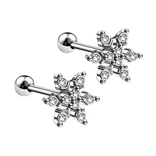 Produktbild: KJM FASHION 2 Stk Stahl Barbell Ohr 1,2mm 16g 6mm 1/4 Schneeflocke klar Kristall Cartilage Helix Tragus 3mm Kugel Ohrringe Piercing Schmuck 5711