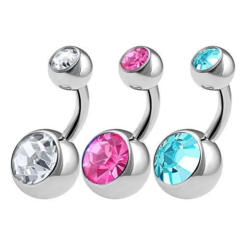 Produktbild: KJM FASHION 3 STK Chirurgischer 316-l-stahl Bauchnabel 1,6 mm 14g 6mm 1/4 Kristallkugel Nabel Banane Ohr Navel Belly Ohrringe Nabel Barbell Piercing Schmuck 0617