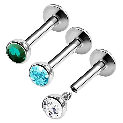 Produktbild: KJM FASHION 3 Stk Edelstahl Innengewinde Monroe Labret 1,2mm 16 Gauge 6mm Kristallkugel Monroe Snake Bite Spiderbite Ohrringe Labret Piercing Schmuck 0454