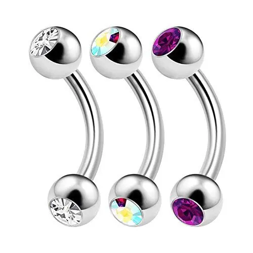 Produktbild: KJM FASHION 3 Stk Metall Curved Barbell 1,6 mm 14g 8mm 5/16 4mm Kristallkugel Tragus Rook Helix Lip Ohrringe Piercing Schmuck 3279