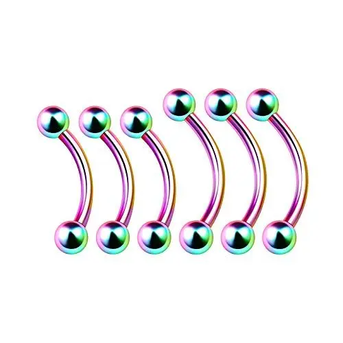 Produktbild: KJM FASHION 6 STK Regenbogen Eloxiert Barbell Curved 1,2mm 16 Gauge 8mm 5/16 10mm 3/8 3mm Kugel Tragus Daith Lip Labret Ohrringe Cartilage Piercing Schmuck 4639