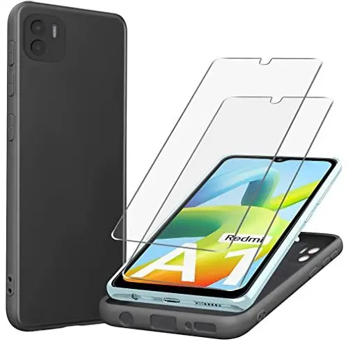 Produktbild: KJYLPO für Xiaomi Redmi A2 /Xiaomi Redmi A1 Hülle, 2 Stück Panzerglas Schutzfolie Silikon Handyhülle, Stoßfest Schutzhülle Case Mit Mikrofaser, Schwarz