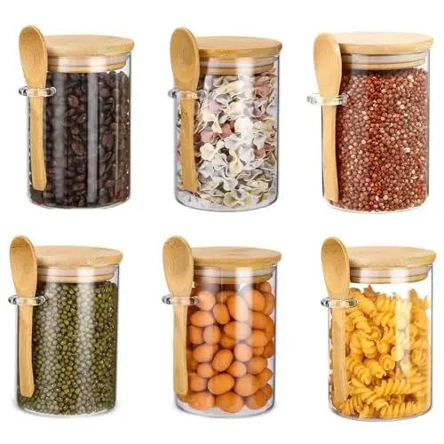 Produktbild: Kjzeex Vorratsgläser mit Deckel und Löffel, 6er-Set 500ml Oats Gläser, Vorratsdosen Glas, Glasbehälter, Meal Prep Glas, Joghurtgläser für Fitness, Joghurt, Smoothie Bowls, Salat-Toppings