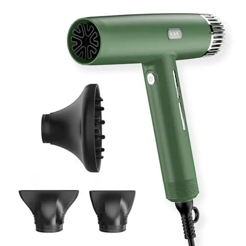 Produktbild: K&K 1800w Haartrockner mit Einzigartigem Bürstenlosem Motor, Negativ Ionen Profi Föhn Mit 110,000 Rpm, 6 Geschwindigkeits und 3 Wärmeeinstellungen, Super leichter für Familie, Salon und Reisen, Green