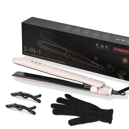 Produktbild: K&K 2 in 1 Glätteisen Locken und Glätten, 20s Schnellaufheizung, Titanplatten Ionen Haarglätter für einen glatten Stil, 3D-Schwebepanel verhindert Haarziehen, mit LED-Display, 130°C-230°C (Rosa)