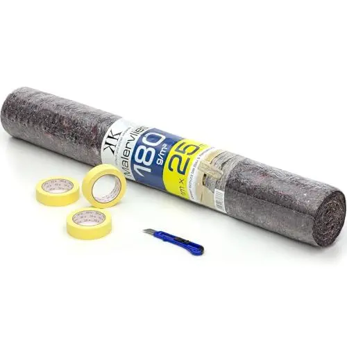 Produktbild: KK Verpackungen® Malerset 5-teilig | Set mit 1m x 25m 180 g/m² Malervlies - 3 Stück 30 mm x 50 m Kreppband - 18 mm Cuttermesser