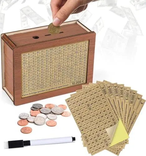 Produktbild: Kkluno Spardose Holz, Geldbox, Sparbox mit Zahlen Ankreuzen mit Zähler, EIN Wieder Verwendbares Geldkassetten, Spardose 10,000€ 5,000€ 3,000€ 2,000€ 1,000€ 500€ Euro(8 Stück)