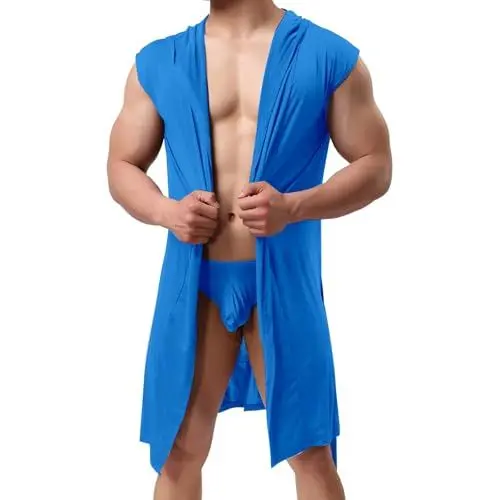 Produktbild: KKvoPiQ Bademantel Herren Kurz Schwarz Herren Frottee Mantel Jumpsuit Esel Sexy, Seidig-Glatter Herren-Bademantel Und Nachthemd (Einschließlich Gürtel) Mit Ärmelloser Homewear-Mütze