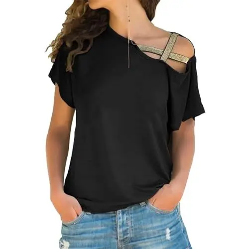 Produktbild: KKvoPiQ Damen Locker Irregular Oberteile T-Shirt - Sexy Schulterfrei Tunika Longshirt Freizeithemden Kurzarm Strandtunika Pullover Shirts - Frühling Kurzärmelig Elegant Sommershirts Basic Kleidung