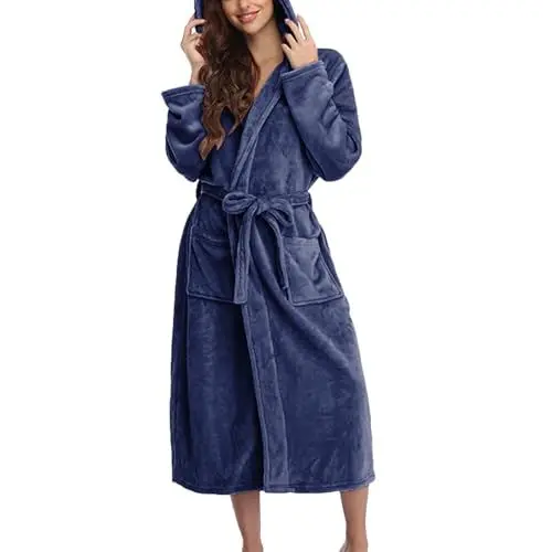 Produktbild: KKvoPiQ Fleece Bademantel Damen Lang Weiß Hausmantel Damen Lang Warm Kuschelset Aus Mit Kapuze, Leicht, Weich, Plüsch, Flanell, Nachtwäsche, Bademantel Mit Kapuze, Plüsch, Warm