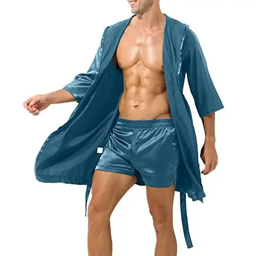 Produktbild: KKvoPiQ Herren Kurz Satin Schlafanzug Kurzarm Pyjama Set Mit Shorts Western Schlafanzug Herren Sexy Kurzarm Einfach Lose Bademantel Herren Plus Größe