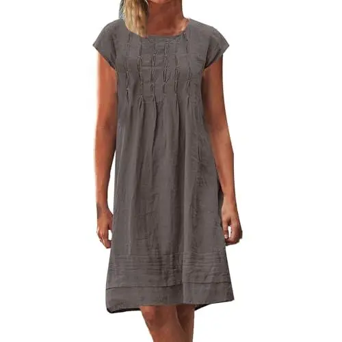 Produktbild: KKvoPiQ Strandkleid Damen Tunika Kurzarm Falten Locker Rundhals Minikleid Urlaubskleid Party Kleid Damen (Brown, XXXXL)