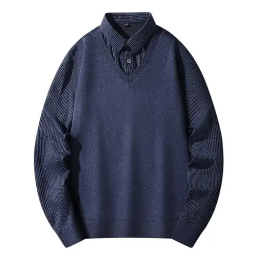 Produktbild: KKvoPiQ Tops Herren Riemchen Winter Modetrend Zweiteiliges Hemd Kragen Lässiges Langarm T-Shirt Schlafoberteil Herren Kurz (Navy, XXL)