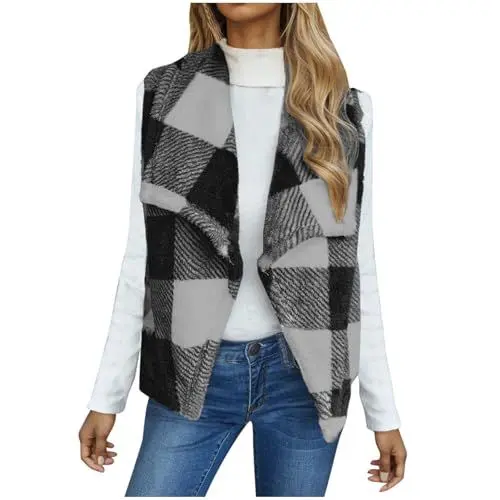 Produktbild: KKvoPiQ Weiße Weste Plaid Vest Sleeveless Lapel Open Front Fleece Cardigan Sweater Fall Fashion Fuzzy Jacket Coat (Grey, XXL)