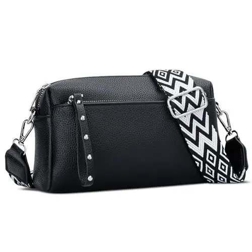 Produktbild: KKXIU Crossbody Bag Damen, veganes Leder Handtasche Damen mit Abnehmbarem Schultergurt Kleine Umhängetasche Damen Breiter Gurt (schwarz)