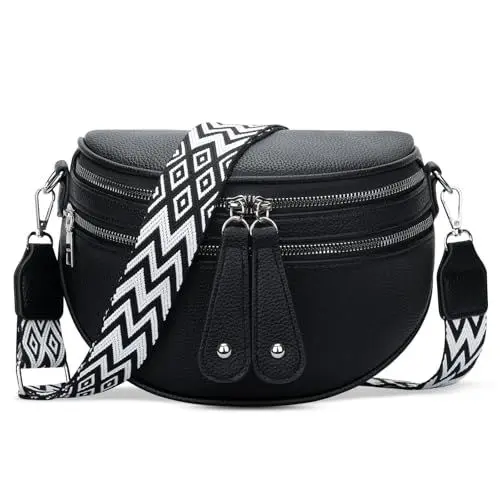 Produktbild: KKXIU Crossbody Tasche für Frauen PU Leder Taille Pack, Schultergürteltasche mit verstellbaren und abnehmbaren Breiten Riemen (Schwarz)