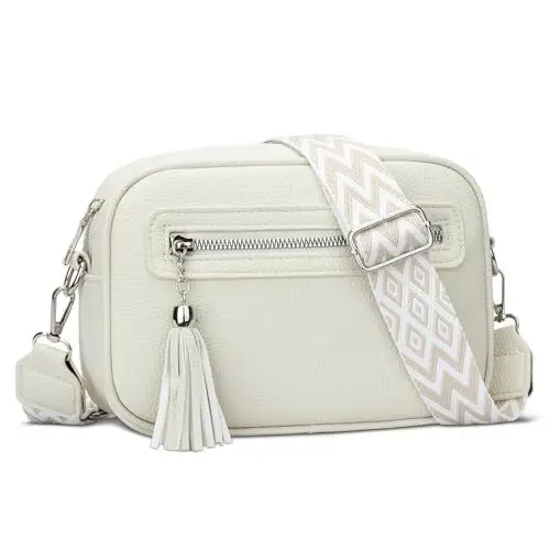 Produktbild: KKXIU Umhängetasche Damen Leder Crossbody Bag Moderne Handtasche Taschen mit Breitem Schultergurt Verstellbarer und Abnehmbarer Riemen (Cremeweiß)
