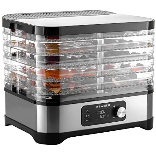 Produktbild: KLAMER Dörrautomat 400W, 24h-Timer und 35-70°C Temperaturregler, 5 höhenverstellbare Einlegefächer, Trockner mit Edelstahlverkleidung, BPA frei