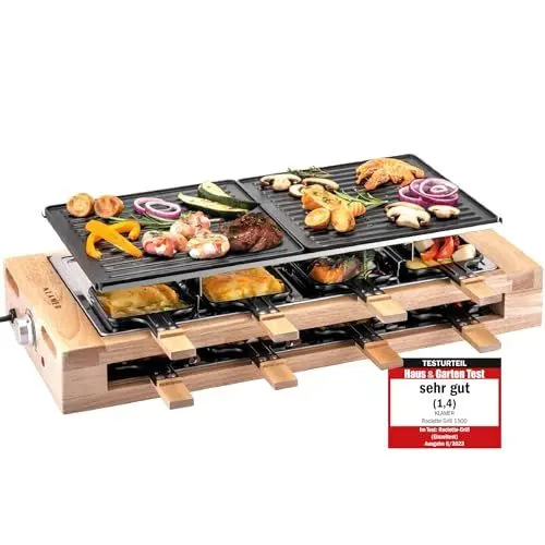 Produktbild: KLAMER Raclette 8 Personen, 1500W Raclette Grill mit Holzgestell, Raclette mit antihaftbeschichteter Grillplatte, Tischgrill elektrisch