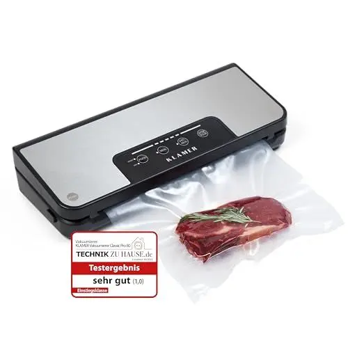 Produktbild: KLAMER Vakuumierer Automatisch Classic Pro 80 (2023) - Vakuumiergerät für trockene oder feuchte Lebensmittel und Sous Vide, inkl. Vakuumier-Beutel und Schlauch