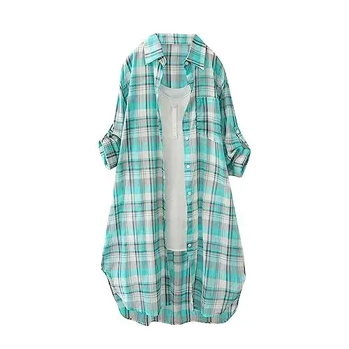 Produktbild: Klamotten Damen Elegant,Leinen Oberteil Damen Blusen Damen Langarm Baumwolle Karierte Bluse Damen Lang - Leinenhemd Damen Knopfleiste Hemd Casual Lose Herbst Leinenbluse Longbluse Blusenshir