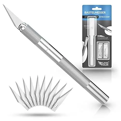 Produktbild: Klangfeiler® Bastelmesser Skalpell Set - inkl. 10 Klingen - Cutter Messer Schnitzmesser für Bastelarbeiten mit Ersatzklingen