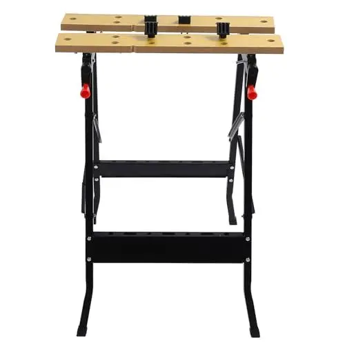 Produktbild: Klappbarer Arbeitstisch, stabile, tragbare Werkbank mit Stahlrahmen für Werkstattreparaturwerkzeuge und Heimwerkerprojekte mit MDF-Schraubstockbacken, kompaktes, leichtes Design,