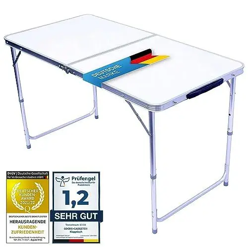 Produktbild: Klappbarer Multifunktionstisch Mehrzwecktisch Campingtisch Klapptisch Markttisch höhenverstellbarer Tapeziertisch Beistelltisch zum Campen im Garten für Festivalls Märkte und mehr (Weiß: 120 x 60 cm)