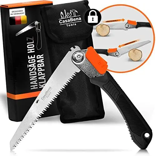 Produktbild: CasaBena® - Profi Klappsäge & Japansäge Outdoor (210mm) aus ultra hartem SK5 Karbonstahl - Klappbare Handsäge & Astsäge (Holz-Säge) mit Sicherheits-Verschluss - Japanische Survival Ast & Baum-Säge