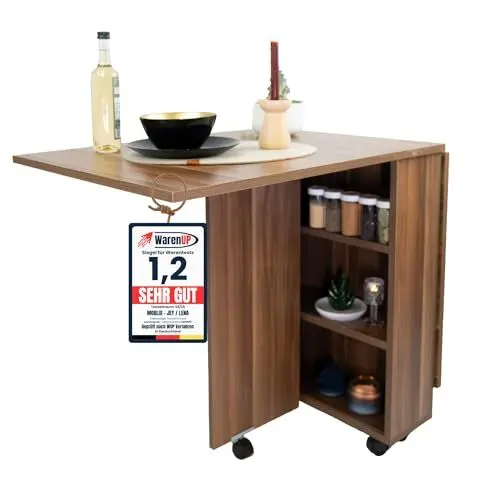 Produktbild: Klapptisch JEY, Esstisch, Küchentisch, Klappbar für kleine Räume, mit Ablagen, Mobil Rollbar, Braun