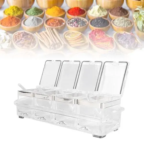 Produktbild: Klare Gewürzboxen, 4 Stück, Acryl, Klares Gewürzregal, Gewürzaufbewahrungsbehälter, Gewürzdosen, Acryl-Gewürzbox mit Deckellöffel für die Küche, Gefrierfähiges Design