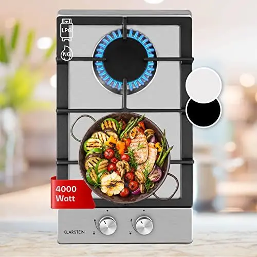 Produktbild: Klarstein Gasherd, Gaskochfeld 2 Flammig, Einbau-Gaskocher für Zuhause & Wohnmobil, Edelstahl Campingkocher, Gasherd für Propan- und Erdgas, Gas-Herdplatte mit Wok Brenner, Gas Kocher 4000 Watt