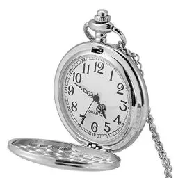 Produktbild: Klassische Quarz Analog Glatt Taschenuhr Halskette Anhänger mit Kette, Langlebiges Legierungsketten und Gehäusematerial (Feine glänzende Silberkette)