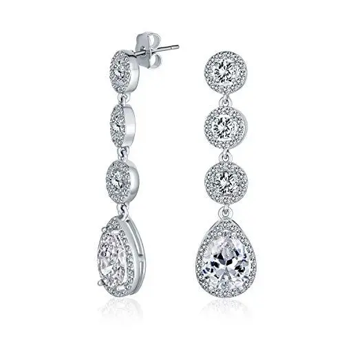 Produktbild: Klassische Brautschmuck Modeaussage Dreifach Runde Pave CZ Halo Lange Lineare Birnenform Hängende Tropfen Kronleuchter Ohrringe Für Frauen Hochzeit Abschlussball Versilbert