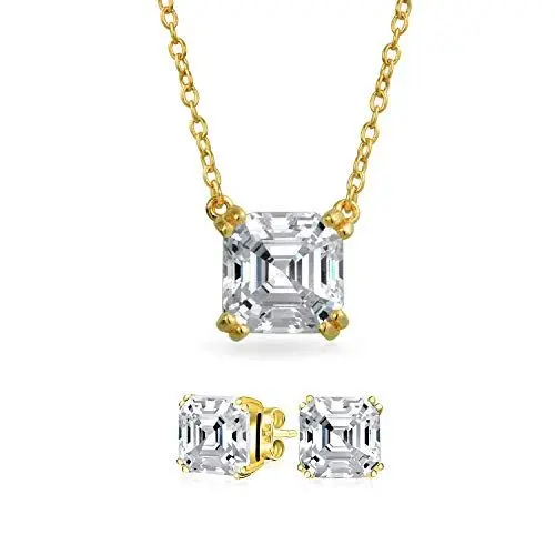Produktbild: Klassisches Brautschmuck-Set 2-4 CTW Solitär Quadrat Zirkonia AAA CZ Royal Asscher Schliff Ohrstecker Halskette Anhänger für Damen 14K Gelbgold plattiert .925 Sterlingsilber