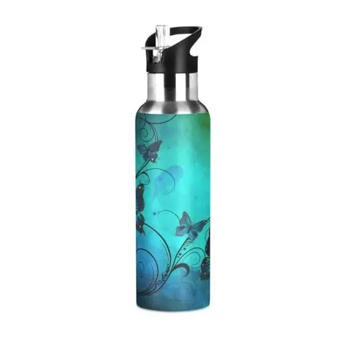 Produktbild: Klassisches Schmetterlings Insektengrün Trinkflasche Wasserflasche mit Strohhalm, Thermosflasche Vakuumisolierte aus Edelstahl 18/8, BPA-frei für Kinder Sport Wandern Schule (600ml/1L)