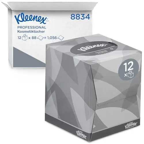 Produktbild: Kleenex Kosmetiktücher in Taschentücher Box 8834, 2-lagige Kosmetiktücher mit FSC-zertifiziertem Papier, mit Schutzbalsam, weiß, parfümfrei, 12 x 88 (1.056 Papiertaschentücher)