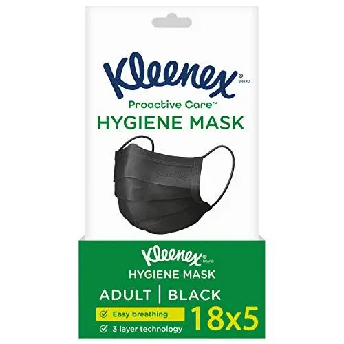 Produktbild: Kleenex Proactive Care, Mund- und Nasenschutz, Für Erwachsene und Jugendliche, Elastischer Gummizug, 3-lagig, Schwarz, 18 x 5 Masken