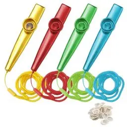 Produktbild: KLEHOPE Kazoo, 4 Stück Kazoo Instrument, Metall Kazoo Set, mit 100 Flötenmembranen, für Kinder und Musikliebhaber Anfänger